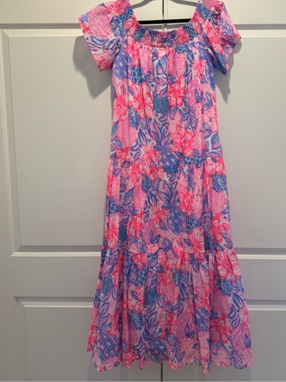 💗 Lilly Pulitzer Sz L Dezi Off The Shoulder Maxi Dress Pink Isle Snappy Turtle 💗